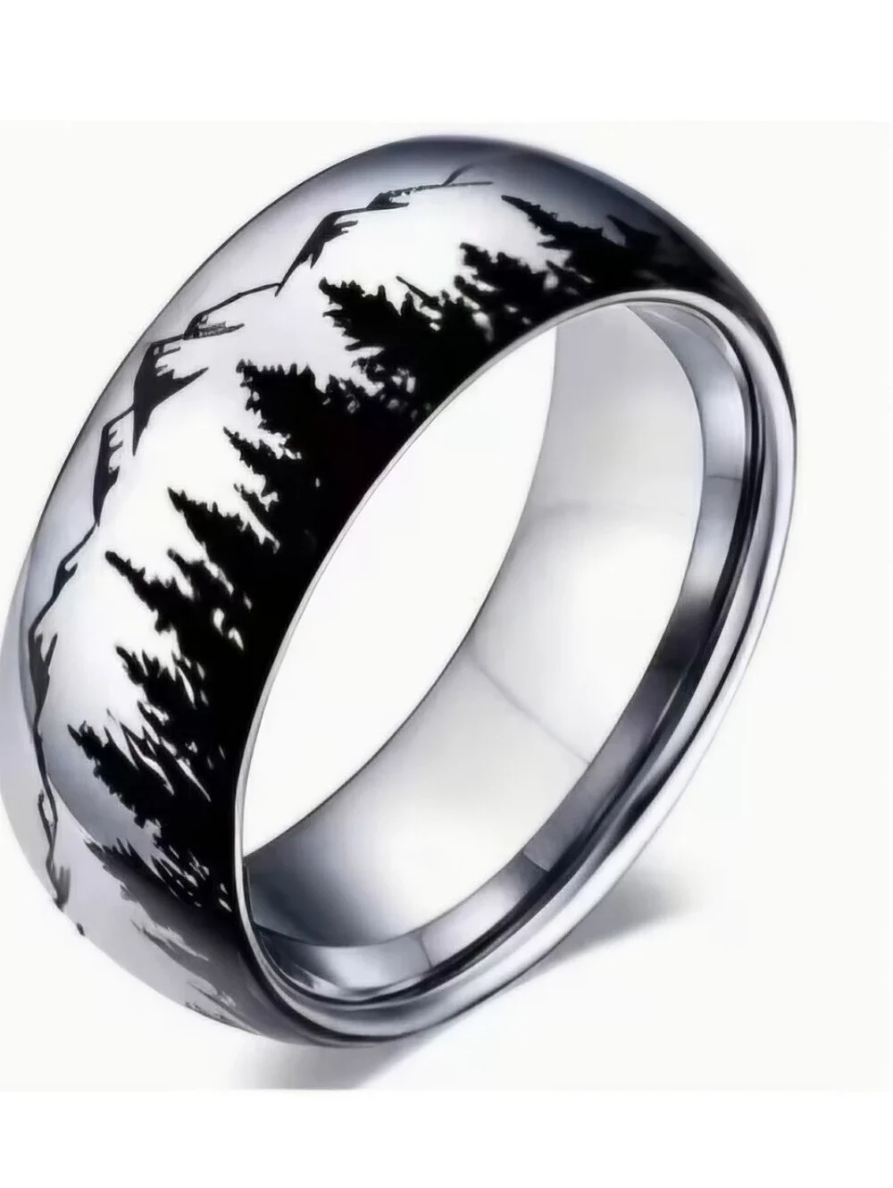 NEW Unisex Stainless Steel Wedding Band With Moutain Scene